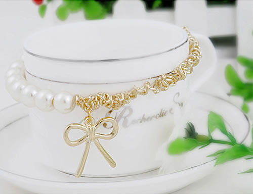 Fashion Lovely Cute Pearl Bowknot Bangle Bracelet