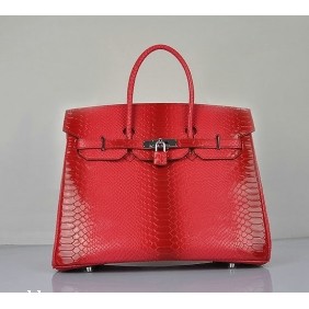 Hermes Birkin 35CM Red Snake Leather Tote Bag Silver