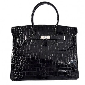 Hermes Birkin 35CM Black Shiny Croco Leather Tote Bag Silver