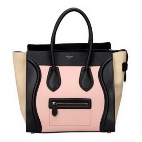 Celine Luggage Boston Tote Bag Ferrari&Suede Leather Pink&Black&Apricot
