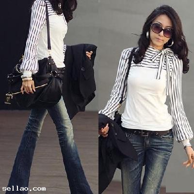 Korea Women's Polo Neck Puff Long Sleeve Stripe T-Shirt Tops Blouses Black/White