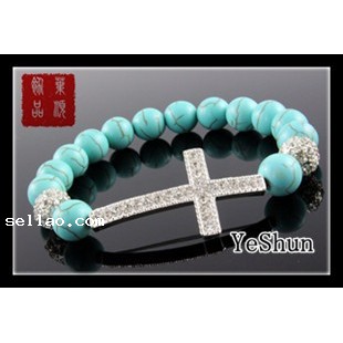 Cross Bracelet Crystal bracelet  handmade turquoise beaded Shamballa 10MM interval Free Shipping