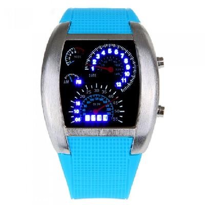 Cool Car Meter Dial Unisex Blue Flash Dot Matrix LED Racing Watch Blue