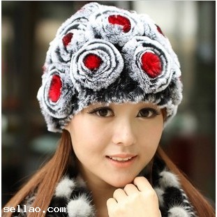 Chopop 4 Colors Genuine Rabbit fur knitted hat Beanie With Flowers Winter Ladies Cute Cap