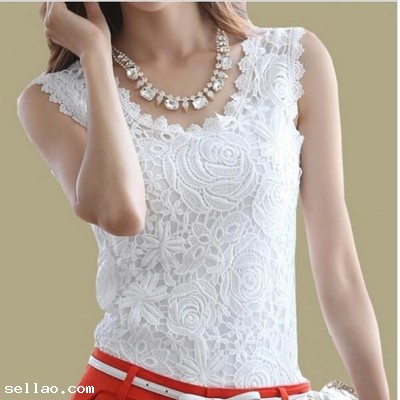 Blusas Femininas Summer Women Blouse Lace Vintage Sleeveless White Renda Crochet Casual Shirts Tops