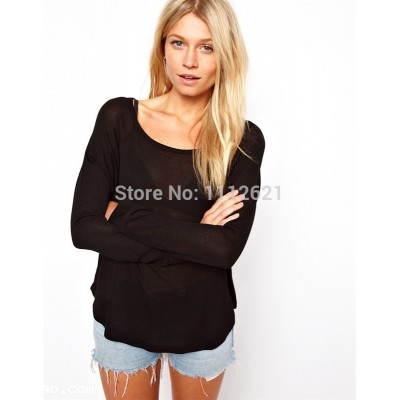 Fashion Women Tops Spring Summer Plus Size Black Tshirt Dress Cotton Knitting with Long Sleeves