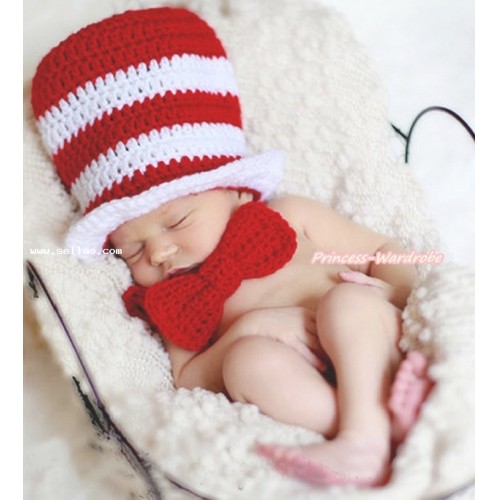 Magic Red White Stripe Hat & Red Bow Photo Prop Crochet Newborn Baby Custome MAC213
