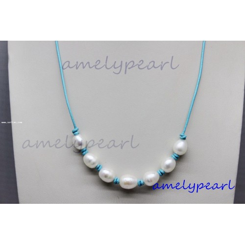 Light Blue Genuine Leather white Freshwater Pearl Necklace 10x12mm 18"handmade
