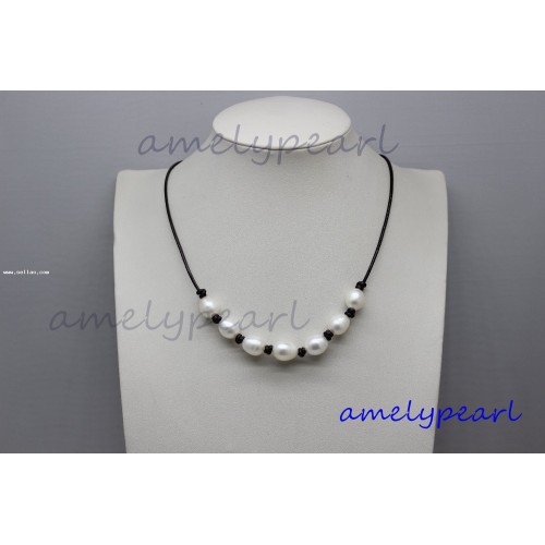 Black Genuine Leather white Freshwater Pearl Necklace 18"handmade