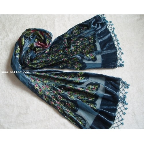 Peacock Beaded Floral velvet shawl- DARK TEAL 15#