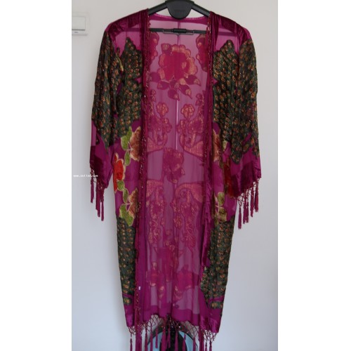Free Shipping- Peacock Silk Velvet Coat kimono-Hot pink