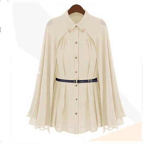 Elegant Style Cape Style Design Single-breasted Chiffon Blouse Apricot With Belt