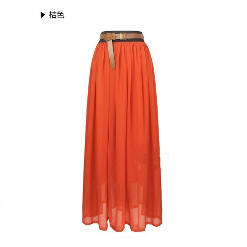Graceful Bohemian Style Elastic Waist Pure Color Large Lap Chiffon Long Skirt Orange LP14032104