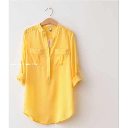 Chic Pockets Decorated Stand Collar Chiffon Blouse Yellow ZW14042105