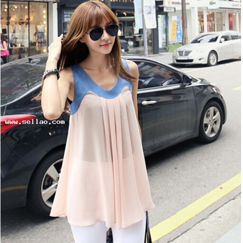 Korean Fashion Sweet Stitching Sleeveless Chiffon Shirt LY14081909