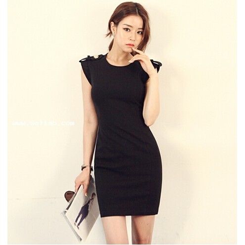 Korean Version Sleeveless Dress Epaulets Black LY14080811