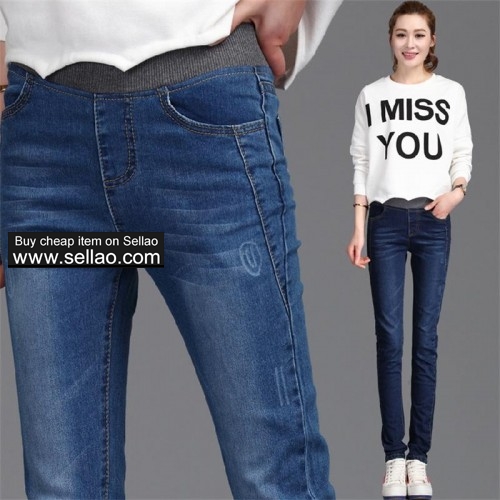 hot sale high waist winter warm denim trousers thick fleece elastic women pants jeans