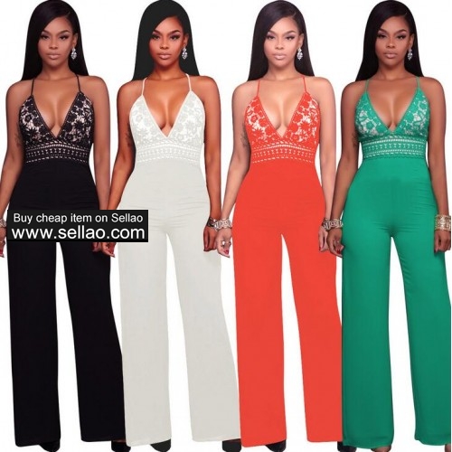 Fashion Women V Neck Cross Backless High Waist Lace Floral Splice Jumpsuit Playsuit Rompers Overalls