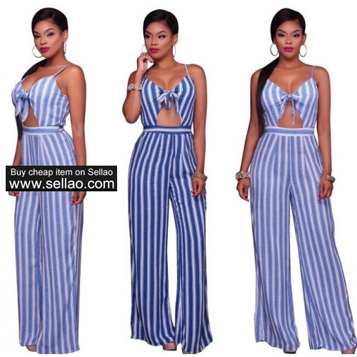 Fashion Women V Neck Backless Strappy Striped Printed Bow Tie High Waist Jumpsuit Playsuit Rompers
