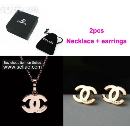NEW WOMEN ROSE GOLD NECKLACE + EARRINGS BOX AND BAG goo