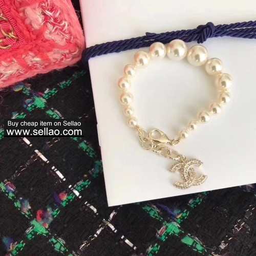 Chanel Brand Vintage Elegant Square Crystal CC Gold Copper Pendant White Pearl Bracelet For Women