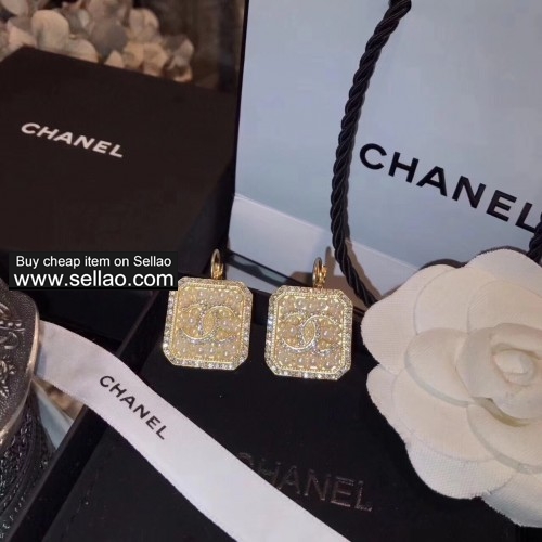 Chanel Brand Vintage Full Pearl Engraved Gold Copper Square Pendant Stud Earrings For Women Jewelry