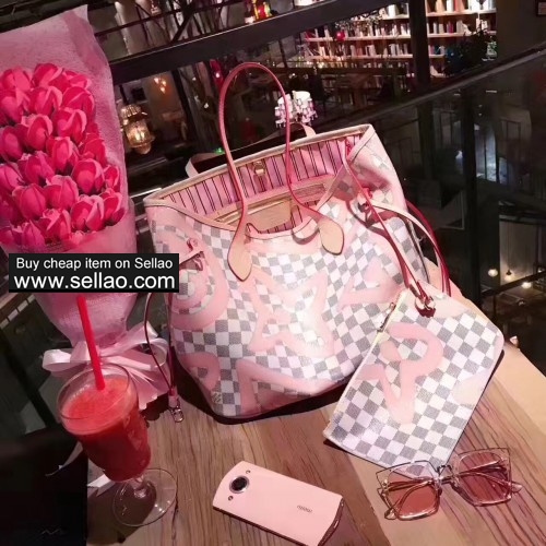 Luxury LV Monogram Pattern Pink Leather Neverfull Handbag Shoulder Bag For Women