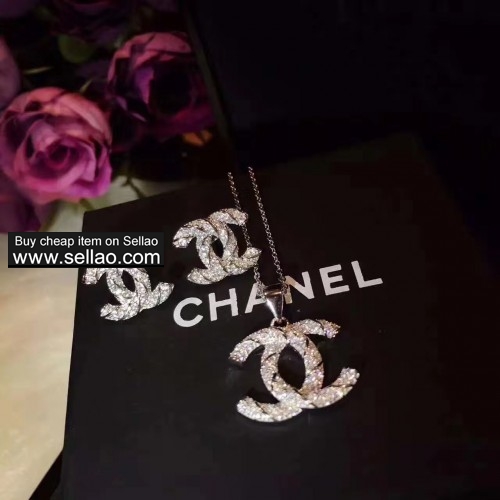 Luxury Chanel Sterling Silver CC Pendant Stud Earrings And Necklace Jewelry Set For Women