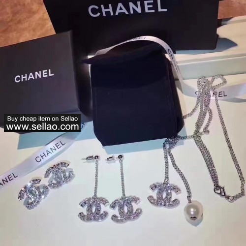 Luxury Chanel Brand Logo Square Crystal Stud Earrings and Drop Earring CC Pendant Necklace For Women
