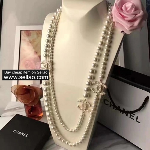 Luxury Chanel Brand Logo CC Copper Pendant Long Pearl Sweater Necklace