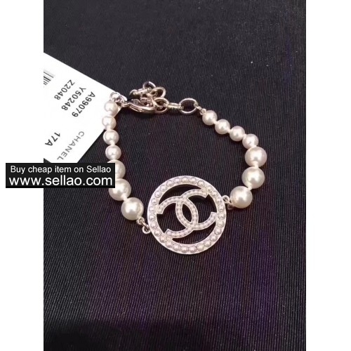 Luxury Chanel Brand Logo Round Copper Pendant White Pearl Bracelet For Women Jewelry