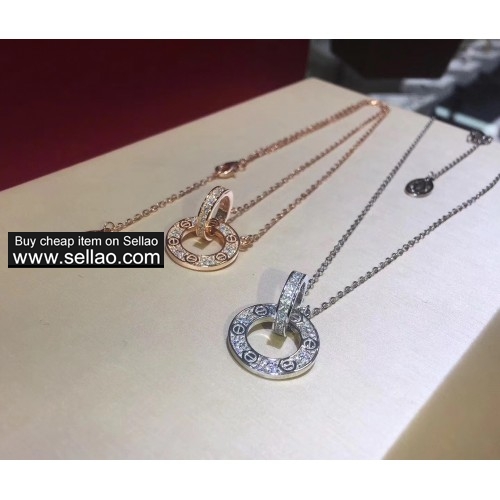 Luxury Cartier Brand Logo Gold Plated Full Crystal Double Screw Love Round Circle Pendant Necklace