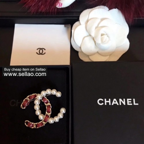 Famous Chanel Brand Vintage Copper Red Leather With White Pearl CCBrooch For Women