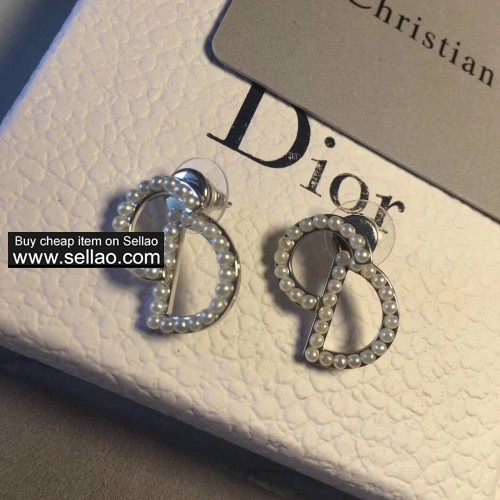 Vintage Dior CD Alphabet Copper With Full Pearl Engraved Letter Stud Earrings For Women Jewelry