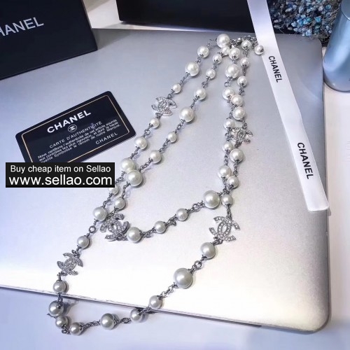 Luxury Chanel Full Crystal CC Pendant Long White Pearl Sweater Necklace For Women