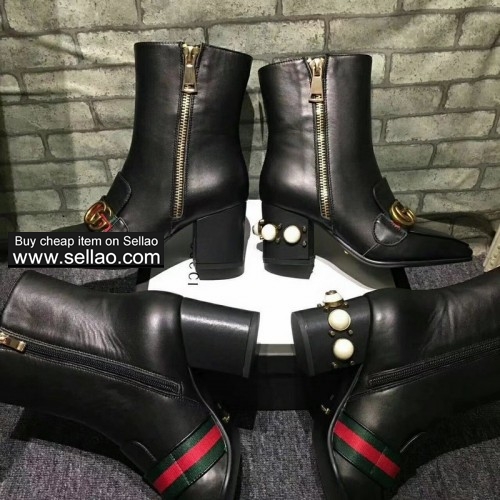GUCCI 2017 New HOT 7cm Short boots Leather pearl mid-heel ankle boot shoes