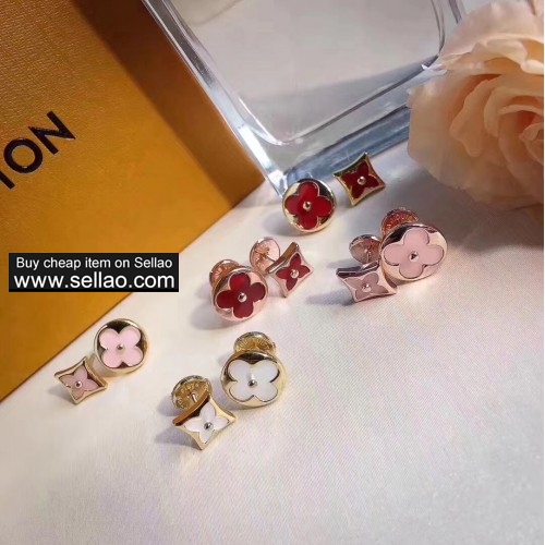 Famous LV Blossom Brand Sterling Silver Round And Diamond Shape Ceramic Four Leaf Clover Earrings