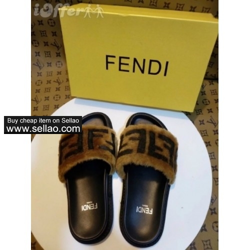 FF women fur logo print flat loafer mule sandal sliper