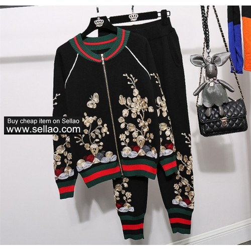 women knitting jackets coat+casual pants two piece set spring autumn leisure suits