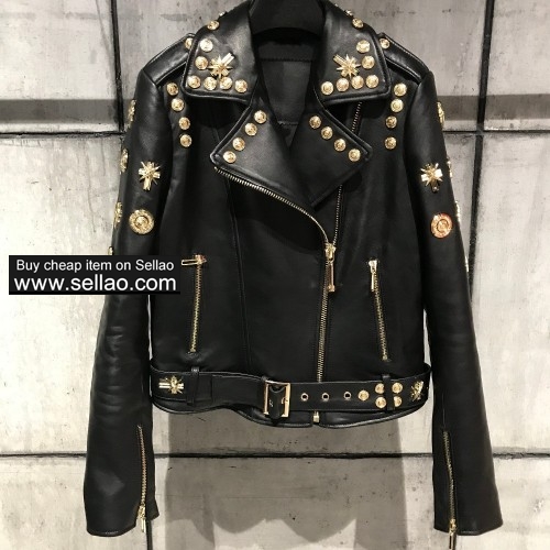 High quality sheepskin jackets women's rivets biker jackets Balmain coat  M-XL size