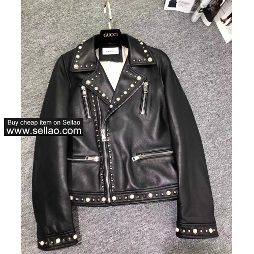 Women rivets sheepskin jackets high quality brand Gucci jackets women's leather coat S-XXL size
