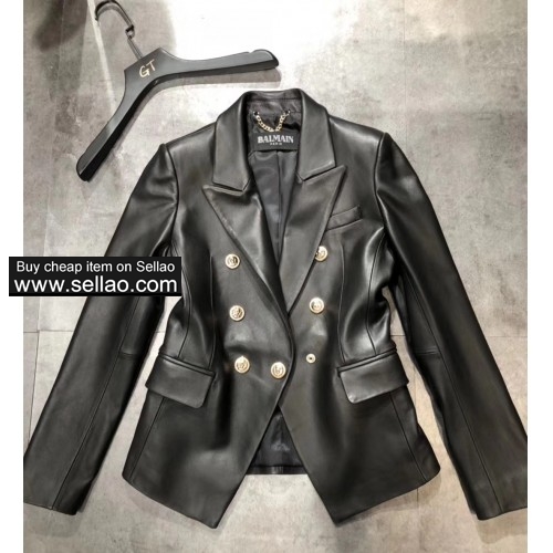 Women's metal button leather jackets Brand balmain sheepskin blazers coat S-XL size