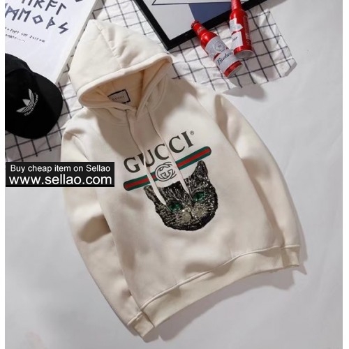 GUCCI sequins embellished cat head patch hoodies