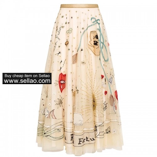 High quality embroidery Mesh Skirts 2019 Spring summer fashion elegant High Waisted beading skirt