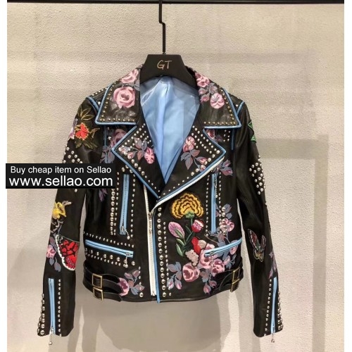 Women Top quality real sheepskin jackets coat Gucci embroidered rivets jackets M-XL size