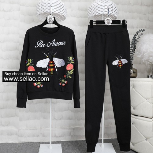 Women's embroidered Leisure suit high quality 100% cotton tracksuit sweatshirts+casual pants