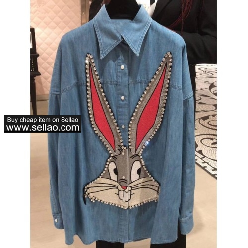 Gucci diamonds Denim Shirts Men/women's rabbit embroidered loose Shirts