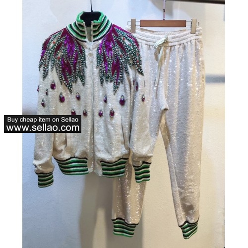 High quality rhiestone Leisure suit Gucci sequins embroidery coat +casual pants women's Suits