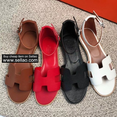 High quality 1:1 Hermes sandals Fashion women's real leather flat sandals shoes EU35-41 size