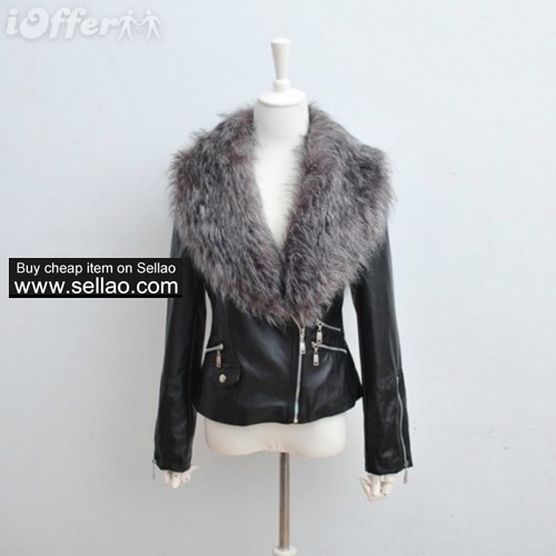 women leather grass fur collar leather motorcyclejacket 5e08
